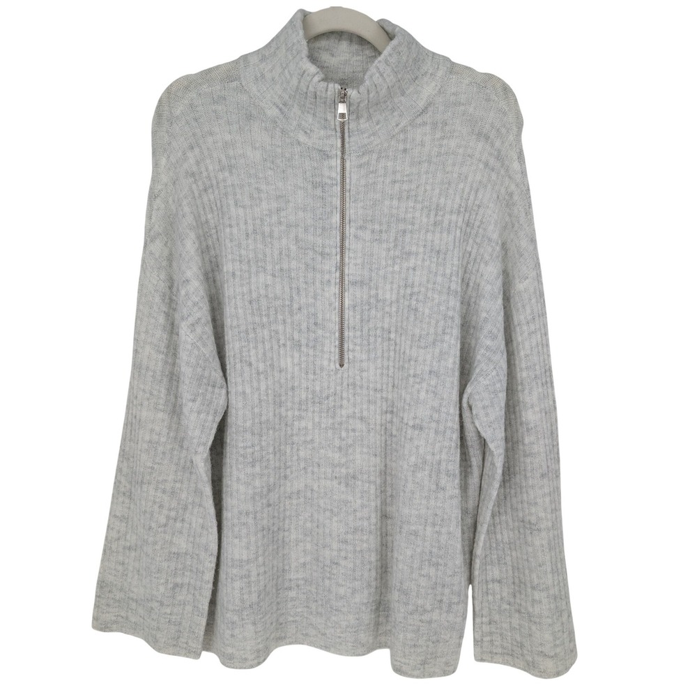 American Eagle 1/4 Zip Sweater Women M Gray Ribbed Mock Neck Cozy Knit Oversized